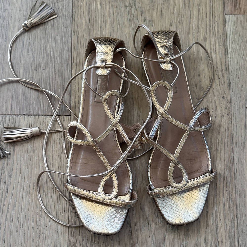 Aquazzura Metallic Gold Snakeskin Sandals